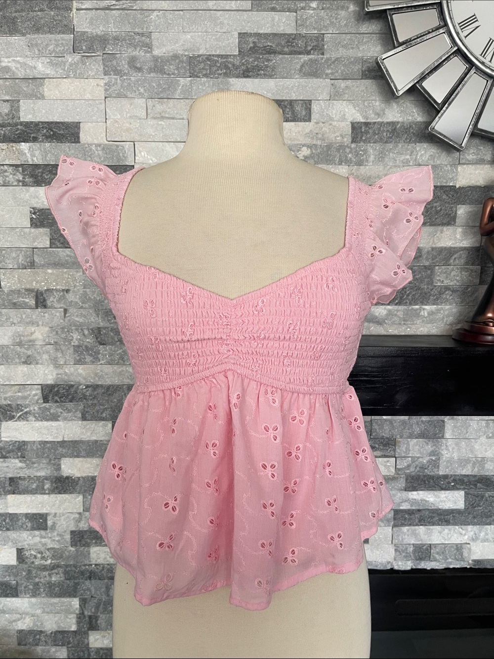 THIRTY/THIRTY Pink Ruffle Embroidered Eyelet Top Size S